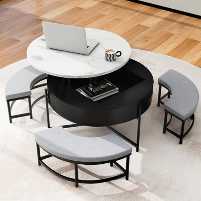Table basse à plateau relevable moderne avec rangement et 3 repose-pieds blanc et noir
