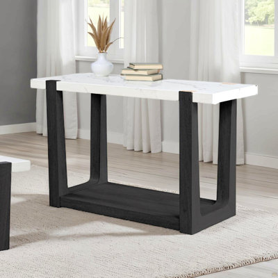 1Pc Sofa Table Faux Marble Top Two Tone Design Contemporary Black And White Finish Primary Living Room
