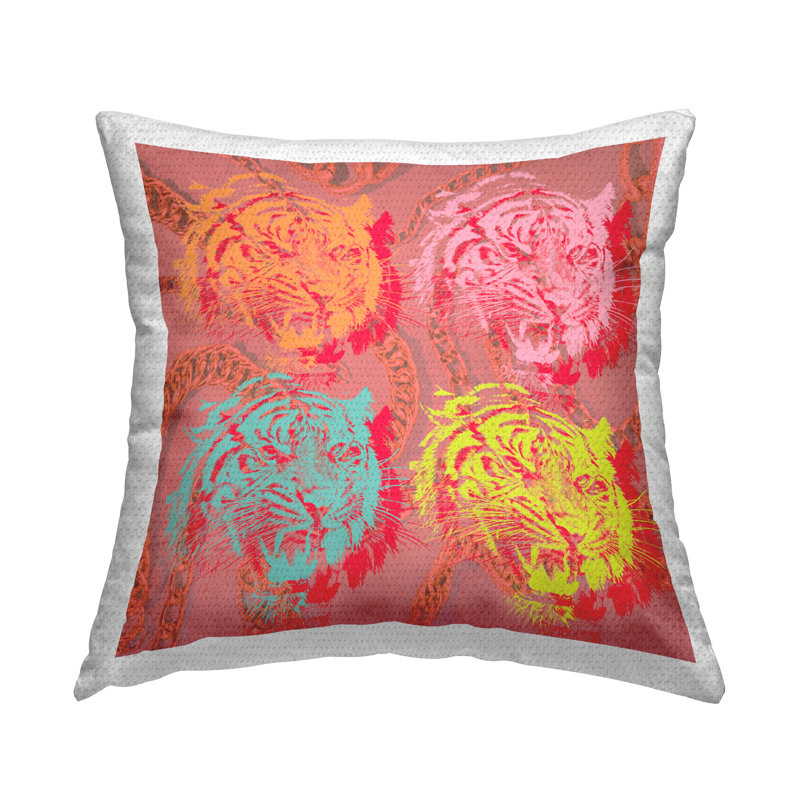 Coussin d'extérieur imprimé Modern Pop Tigers par Lil 'Rue, Rouge