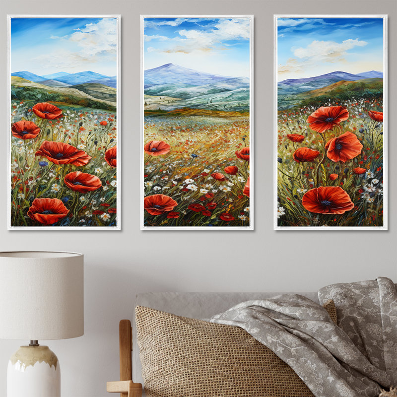 «Red Poppies Field In Mountain II» - ensemble d'art mural coquelicots, Cadre flottant blanc, H 32 po x l 48 po x P 1 po