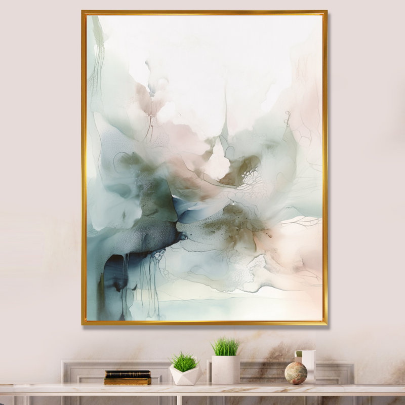 «Green and Cream Essence Of Modernity II», art mural abstrait en marbre, H 32 po x l 24 po, Reproduction avec cadre flottant
