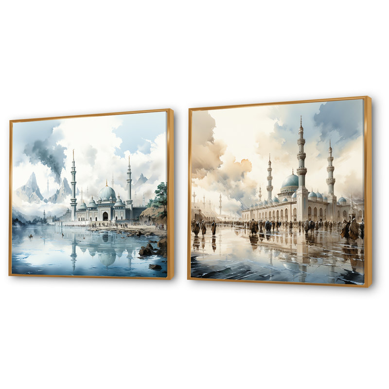Ensemble de 2 impressions sur toile «Mosquée», Cadre flottant doré, H 36 po x l 73 po x P 1,5 po