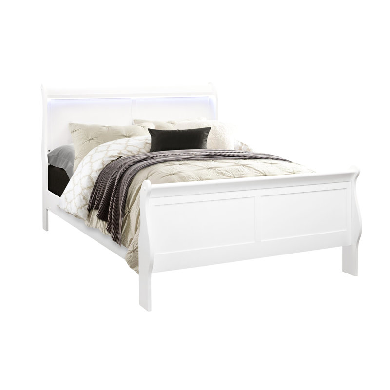 Lit double blanc avec DEL, - Style A Modern Vibe, fini, bois massif, profondeur de produit 56,58 po, largeur 84,55 po, hauteur 46,97 po, lit de 72,68 lb, éclairage à DEL, meubles, matériau en caoutchouc