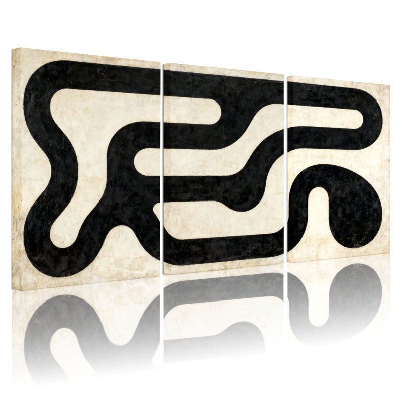 Ensemble de 3 tableaux sur toile à motif vague abstrait noir et crème, H 18 po x l 36 po
