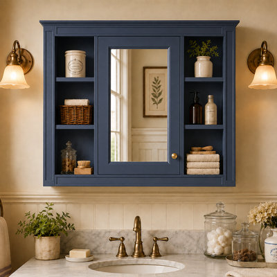 Armoire de rangement murale 35 po x 28 po en MDF avec miroir et 6 tablettes ouvertes bleues