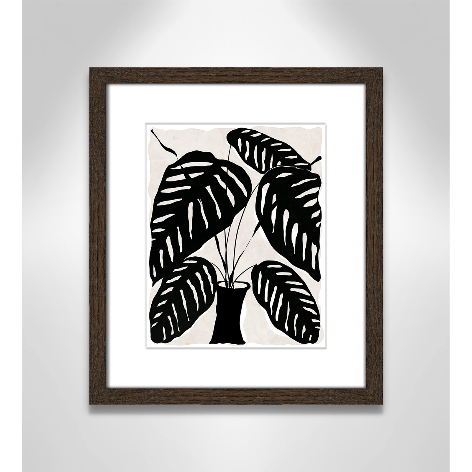 Black and White Potted Plant I Print, 15" H x 13" W x 0.75" D, Walnut Framed