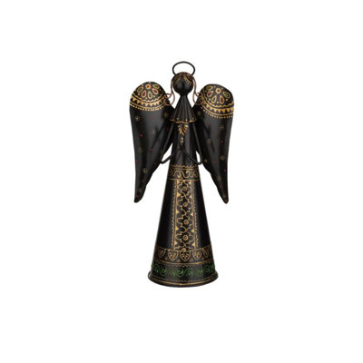 16" Metal Standing Angel Figurine with Intricate Wing Design and Detailed Hand Painted Artwork - Black/Gold