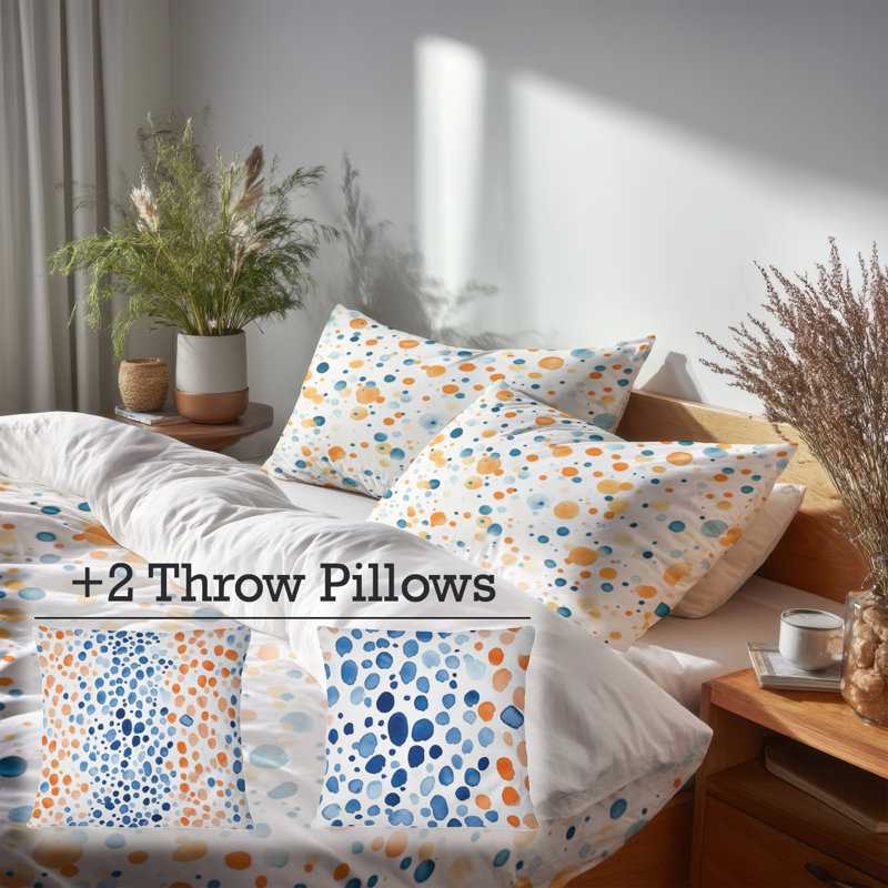Ensemble de literie moderne 5 pièces - Ensemble de housse de couette et coussin décoratif à pois orange abstrait