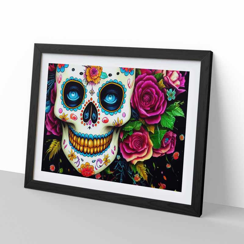 Bold Floral Sugar Skull - Single Picture Frame Print, Black Framed, 25cm H x 34cm W x 2cm D
