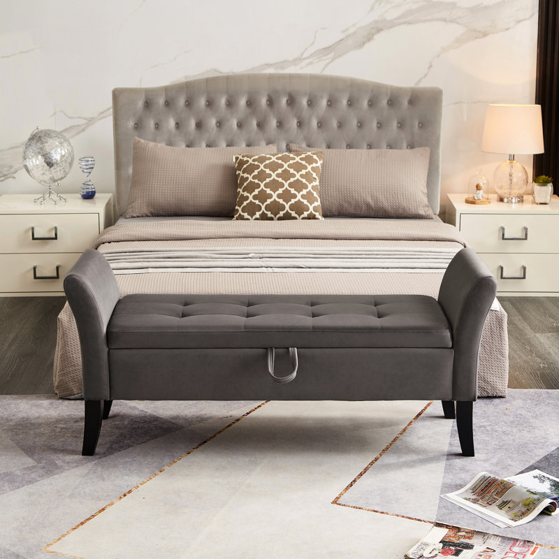 Banc 51,5 "en velours avec table de bout avec rangement intérieur - spacieux, Gris