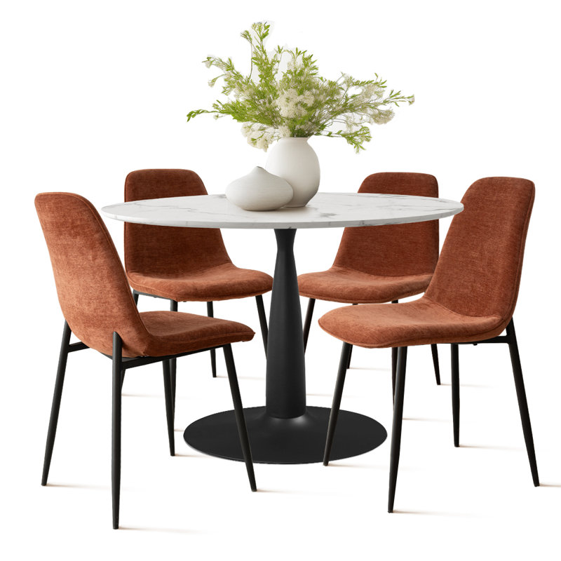Leong 4-Person Dining Set with 40" W Round Table and Upholstered Chenille Chairs , Terra