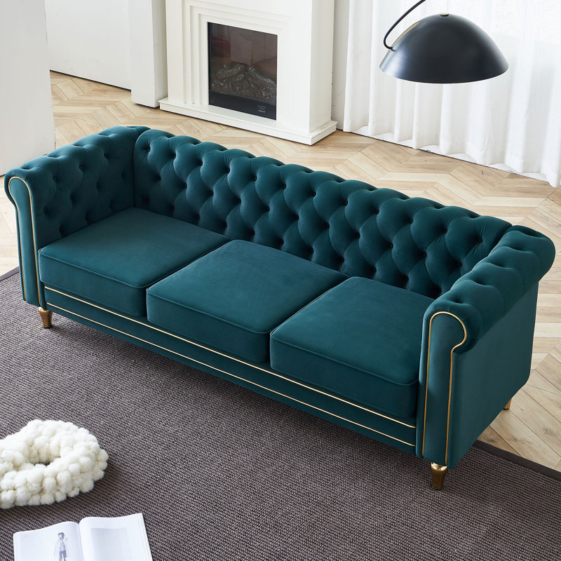 Gevon Velvet Roll Arm Sofa, Chesterfield Sofa for Living Room Upholstered with Smooth,Breathable Fabric, Green