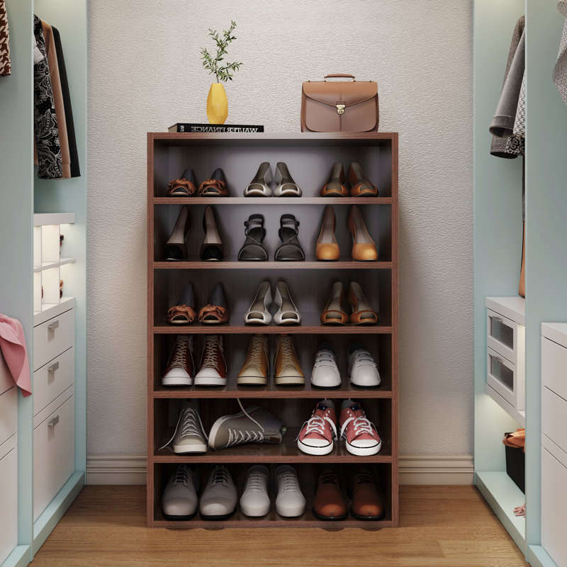 Shoes Rack, 6-Tier Free Standing Wood Closet Organizer Unit, Walnut