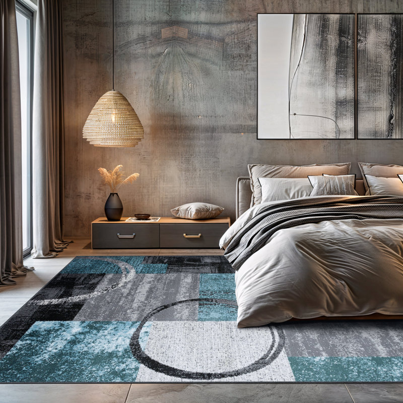 Fanton Modern Abstract Performance Gray/Ivory/Blue Area Rug, Rectangle 10' x 14'