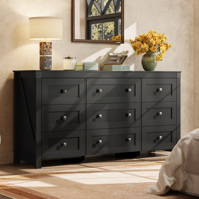 Commode de ferme à 63 tiroirs de 63 po pour chambre à coucher, grand rangement en bois, meuble télé pour salon de 70 po, couloir, commode noire avec glissière à roulement à billes