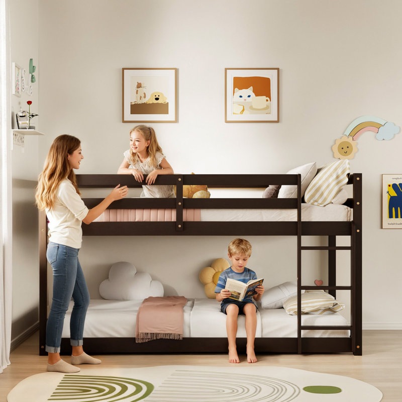 46.6" Low Bunk Bed for Kids, Solid Wood Twin over Twin with Full-Length Guardrails, Low Profile Design, Espresso
