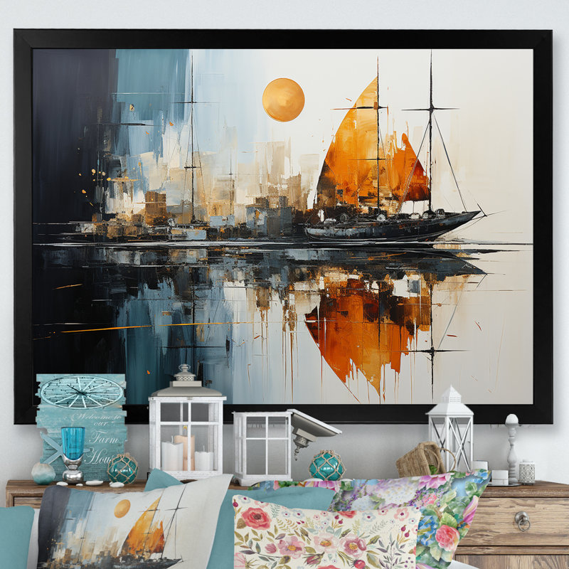 «Moonlight Saiboat Collage Horizon III - Bateau à voile, art mural», H 34 po x l 44 po x P 1,5 po, Cadre d'angle fermé noir