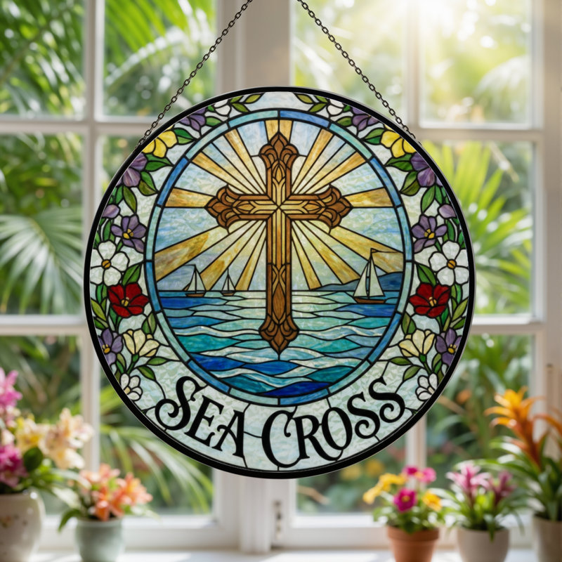 Panneau de vitrail 12 "H Sea Cross, 12" H x 12" W
