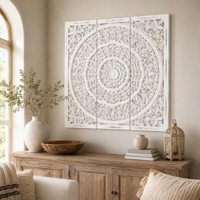 Set of 3 Wooden Wall Art Panels, White Antique Finish