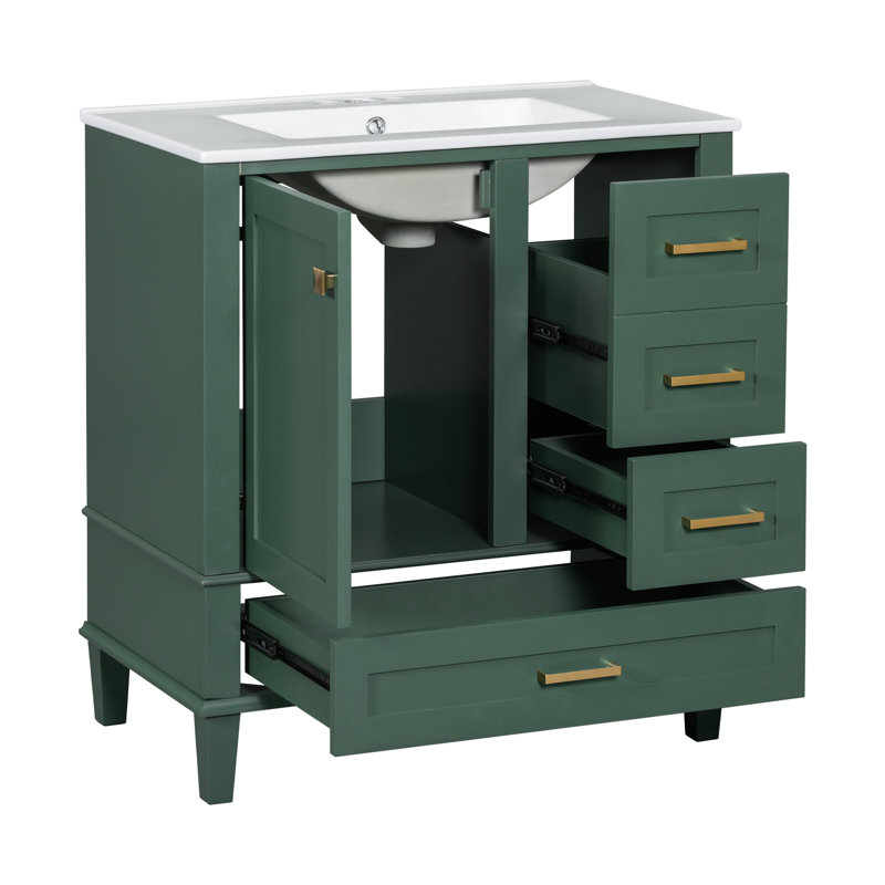 Meuble-lavabo 30 po - Armoire moderne avec lavabo. 1 porte, 3 tiroirs. Comptoir en céramique. Rangement spacieux. Rangement élégant, tiroirs silencieux