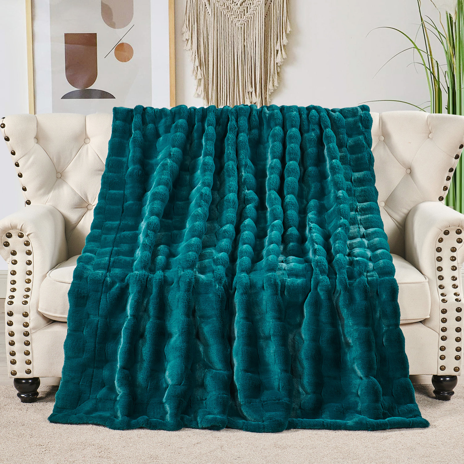 Biscoe Faux Fur Knitted Throw Blanket, Teal, 60"W x 70"L
