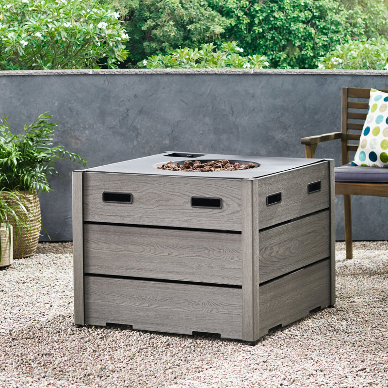 Square Wood Resin Propane Smokeless Fire Pit Table with Hidden Fuel Tank, Gray