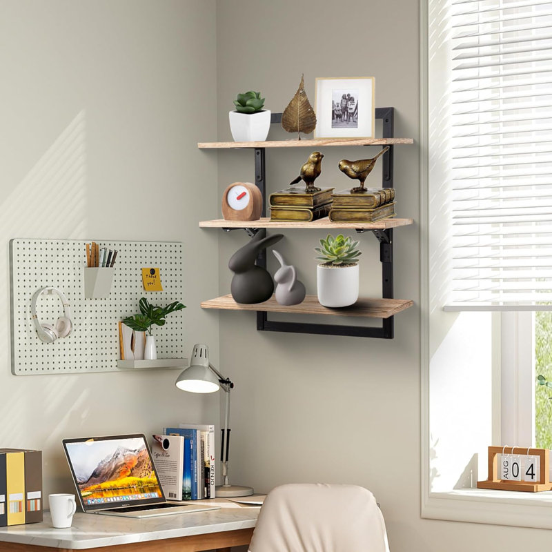 Tablettes flottantes de 23,6 pouces pour le mur, tablettes murales en bois à 3 niveaux avec supports pliables, rangement robuste pour la cuisine, le salon, la chambre à coucher et la salle de bain