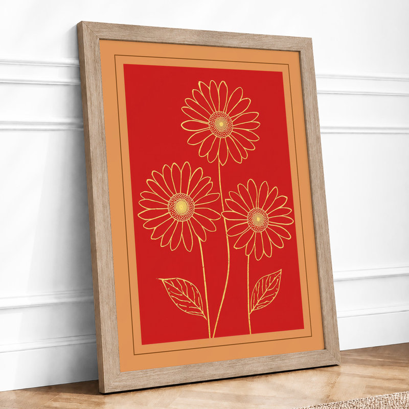 Golden Daisy Stems Botanical - Framed Print, A2 - 59.4 x 42.0 cm, Oak