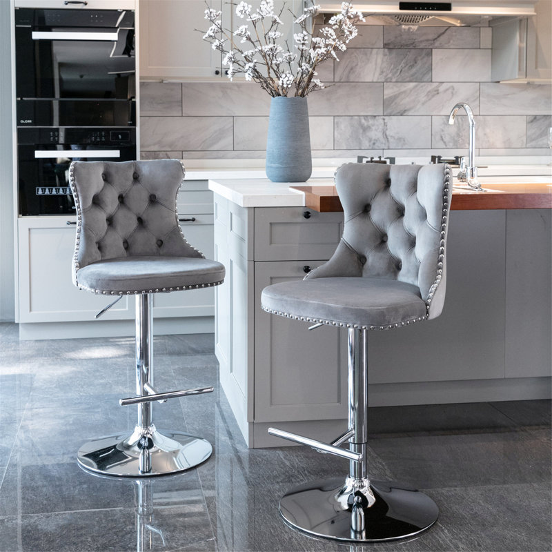 Tabourets de bar pivotants en velours, 1, Doré, Gris