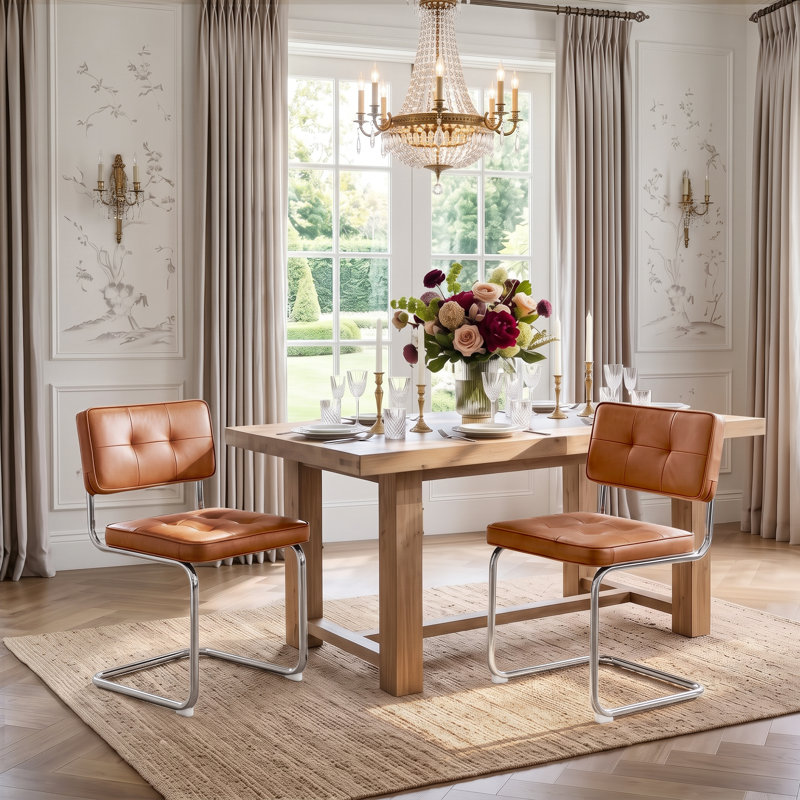 Chaise en porte-à-faux capitonnée en cuir Marlow, Brun, Chrome chrome