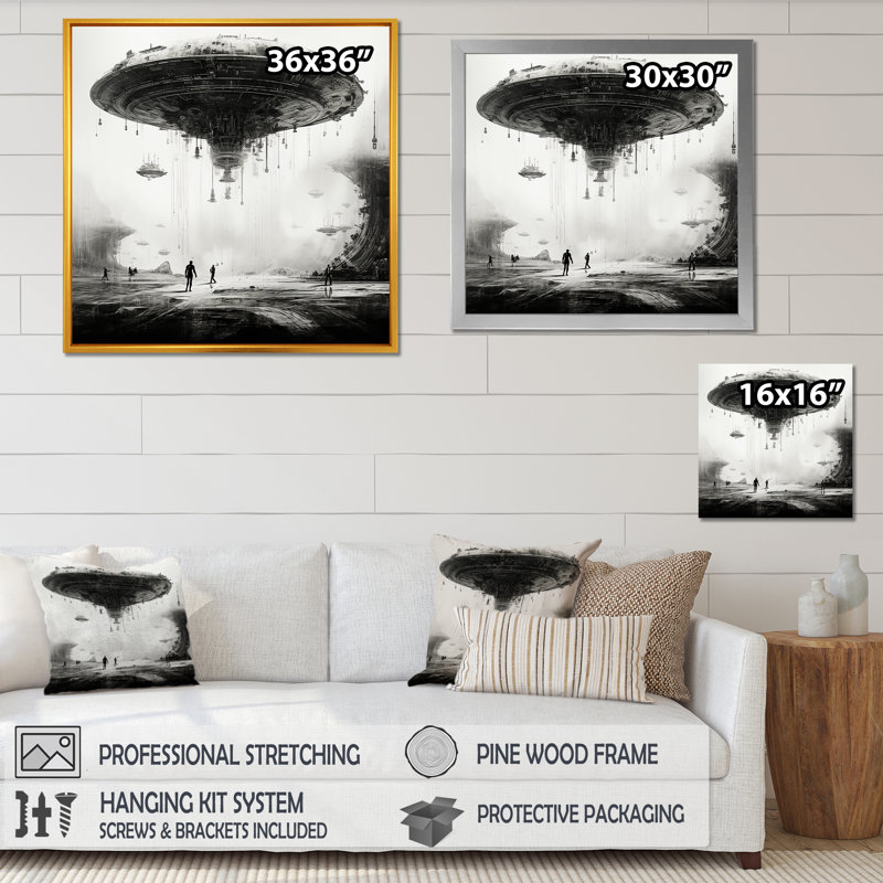 «Minimalisme Sci Fi Ufo I» sur toile, Cadre flottant noir, H 36 po x l 36 po x P 1,5 po