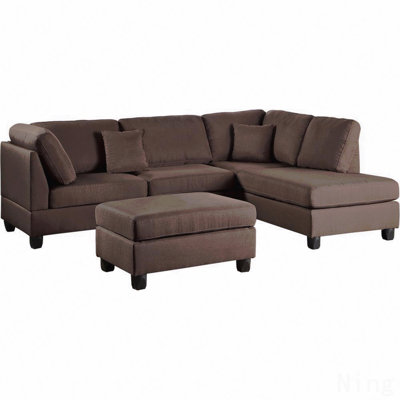 Chocolate Color 3Pcs Sectional Living Room Furniture Reversible Chaise Sofa And Ottoman Polyfiber Linen Like Fabric Cushion Couch
