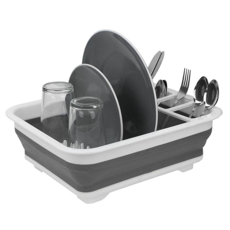 White and Gray Collapsible Silicone Dish Rack with Utensil Cup