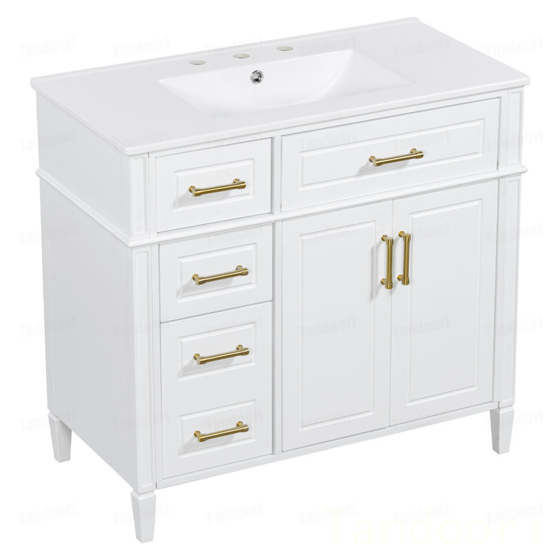 Meuble-lavabo de salle de bain avec lavabo, meuble-lavabo simple avec 4 tiroirs (1 tiroir rabattable), 2 portes et tablette ajustable, armoire en bois de pin et panneau de fibres à densité moyenne avec lavabo en céramique
