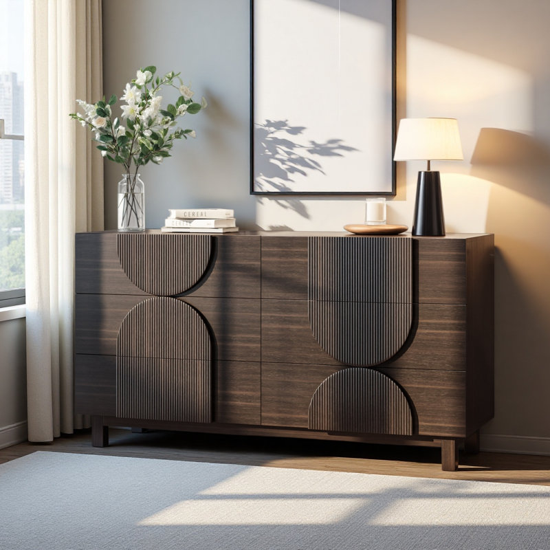 Commode 6 tiroirs pour la chambre à coucher, commode moderne en bois cannelé, commode avec pieds en bois massif, armoire de rangement de 60 po de largeur et console décorative pour le salon