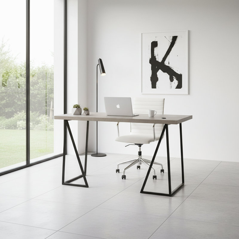 Bureau en bois d'acacia massif Moritz de 47 po avec port de chargement USB, bureau d'écriture d'ordinateur industriel avec base en métal, gris fumée
