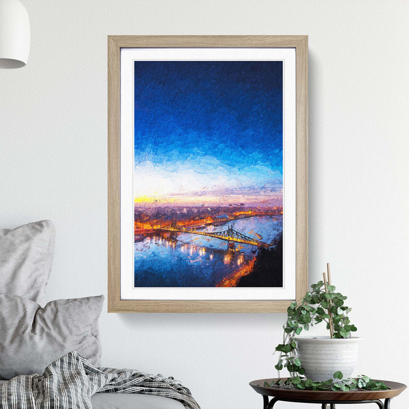Budapest Skyline in Hungary in Abstract - Picture Frame Painting Print on MDF, Oak Framed, 65cm H x 48cm W x 2cm D