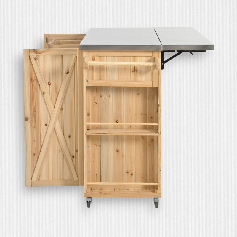 Fir Wood Kitchen Island with Stainless Steel Top, Natural