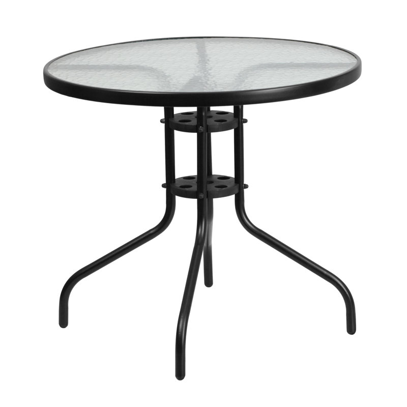 Amlie 31.5" Round Tempered Glass Metal Table with Smooth Ripple Design Top, Clear/Black