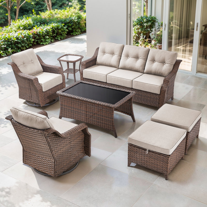 Acton 7 - Pieces Outdoor Wicker Sofa Seating Group With Ottomans And 6" Thick Cushions, Beige