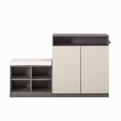 Livingroom Cabinet With Shoe Bench, 2 Doors And 3-Tier Adjustable Shelves, Entryway Bench With 4 Open Shoe Racks And Removeble Cushion, Storage Console Table With Wavy Slatted Door And Hooks