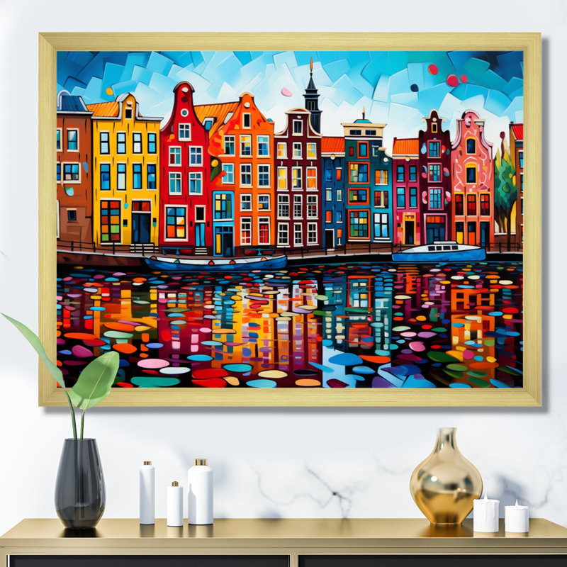 City Amsterdam Popart I - Amsterdam Canvas Prints, 16" H x 32" W x 1" D, Gold Floater Framed