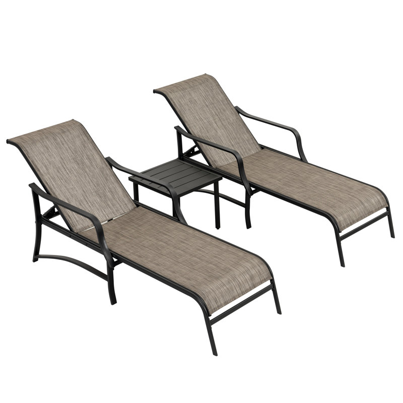 3-piece Patio Chaise Lounge Set, Textilene Patio Chaise Lounges, Side Table