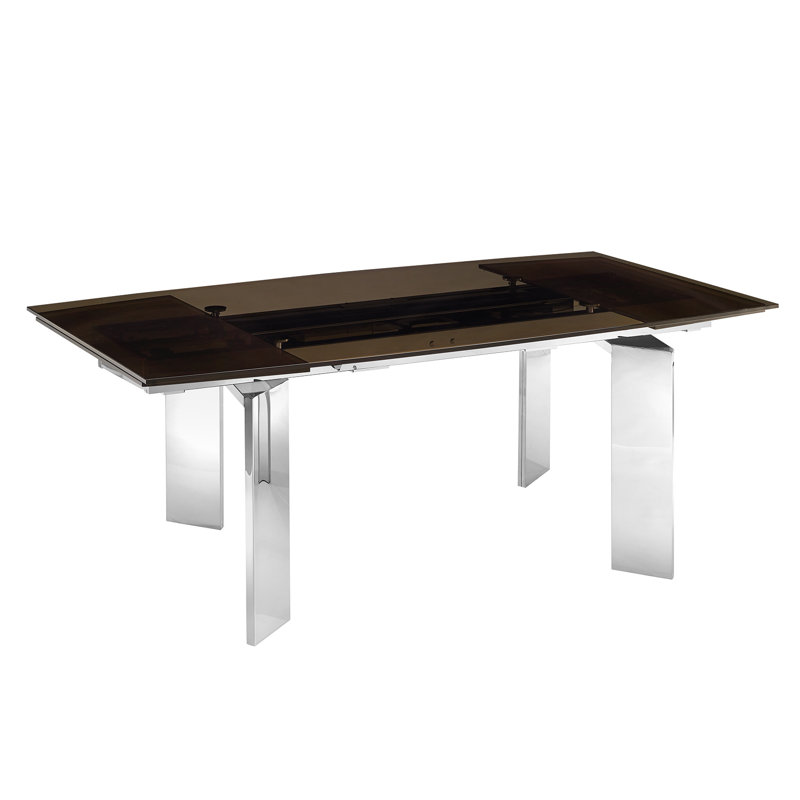 Astor Extendable Rectangular Glass Top with Stainless Steel Base Dining Table, Smoked
