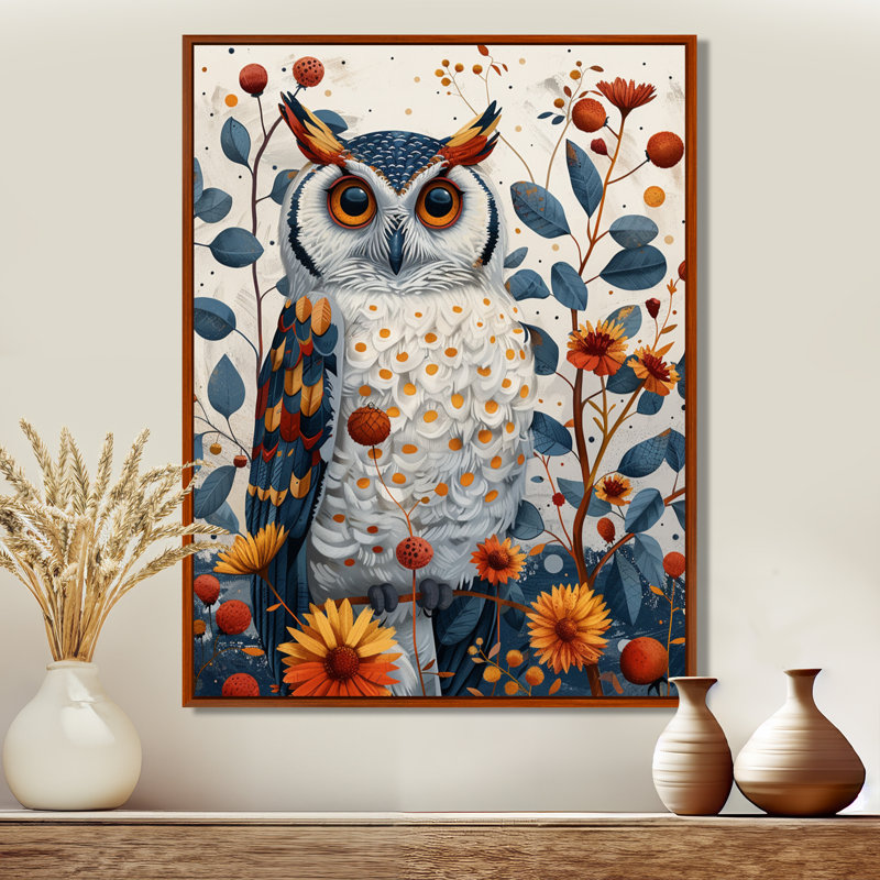 Nobel, hibou en fleurs, fleurs orange, Toile avec cadre flottant brun, H 32 po x l 24 po x P 1 po