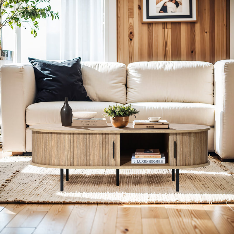 Mid-Century Modern Coffee Table with Storage and Slatted Sliding Doors