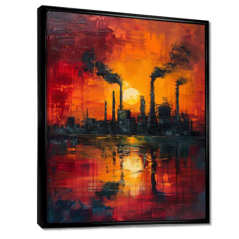 Art industriel rouge «Polution I» - usines, H 32 po x l 24 po x P 1 po, Toile avec cadre flottant noir