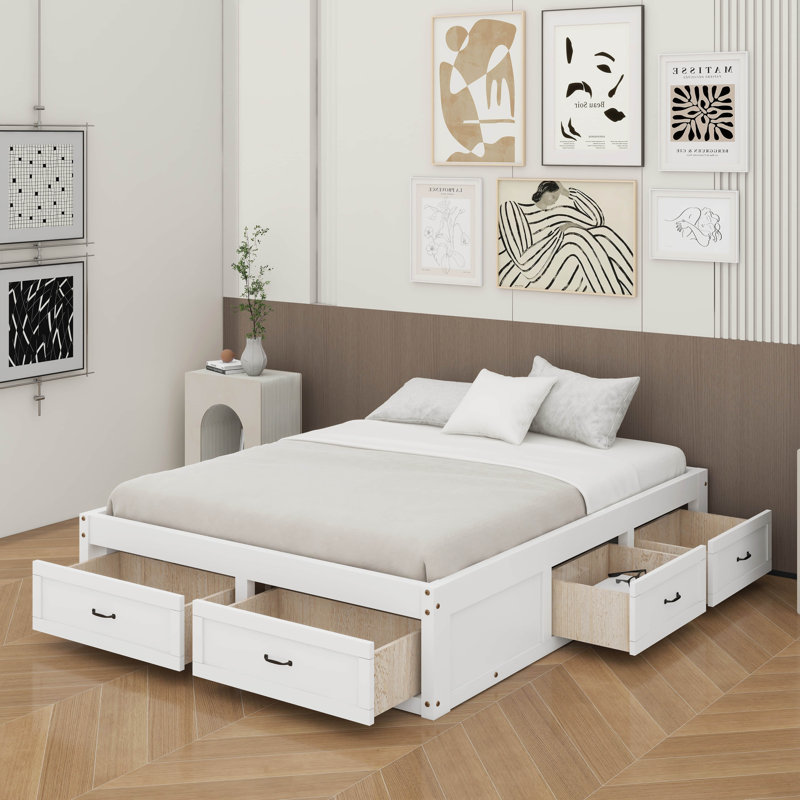Grand lit plateforme avec 6 tiroirs, Blanc antique