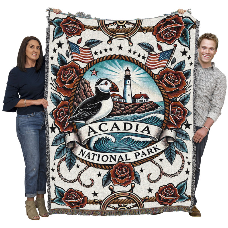 Couverture de style tatouage du parc national d'Acadia de Pure Country Weavers - Tapis en coton tapisserie cadeau - Fabriqué aux États-Unis - 183 cm x 137 cm
