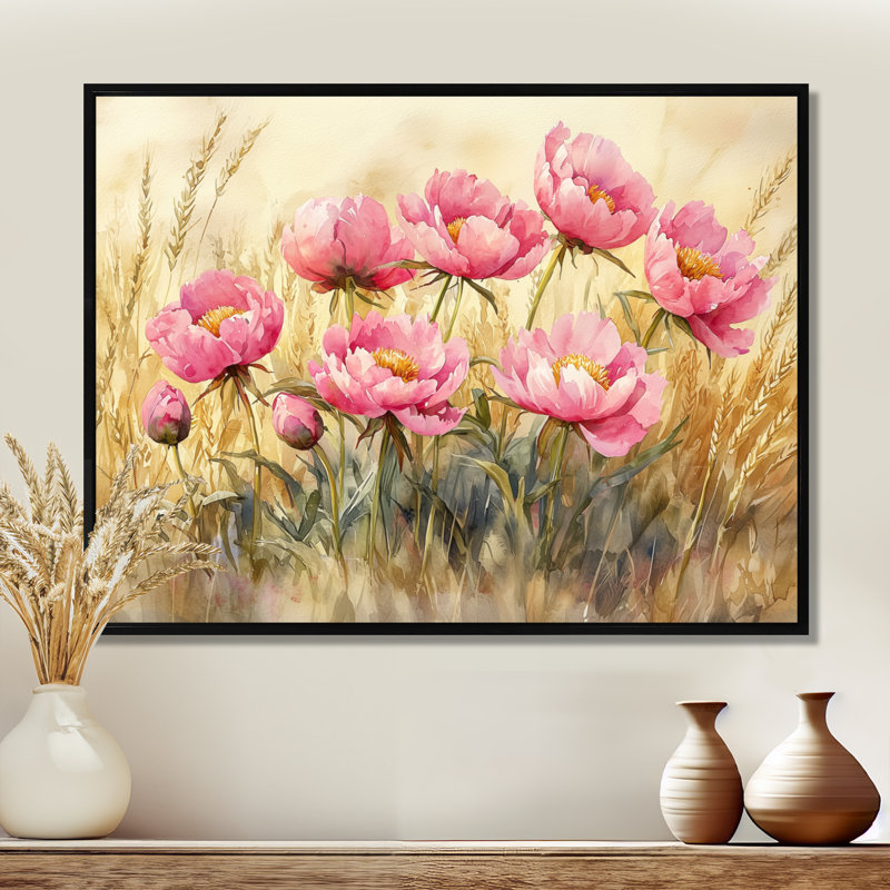 Donnah pivoines dans le champ d'herbe de blé I - pivoines, art mural, H 30 po x l 40 po, Noir, noir, noir, noir
